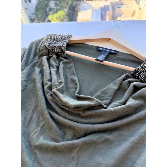 INC Ruched Camo Dress M Utility Chic Olive Green Beaded Cowl Neck Midi Dress - Picture 2 of 8